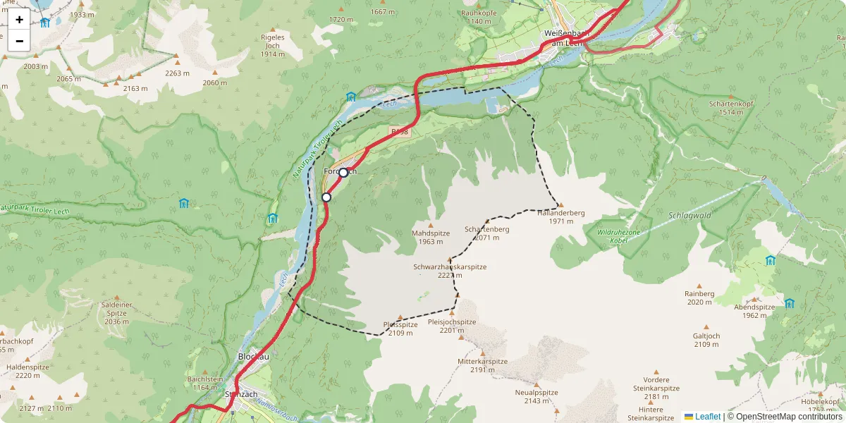 Nahverkehrsnetz in forchach, Österreich - Buslinien, Haltestellen und Verbindungen auf der Karte