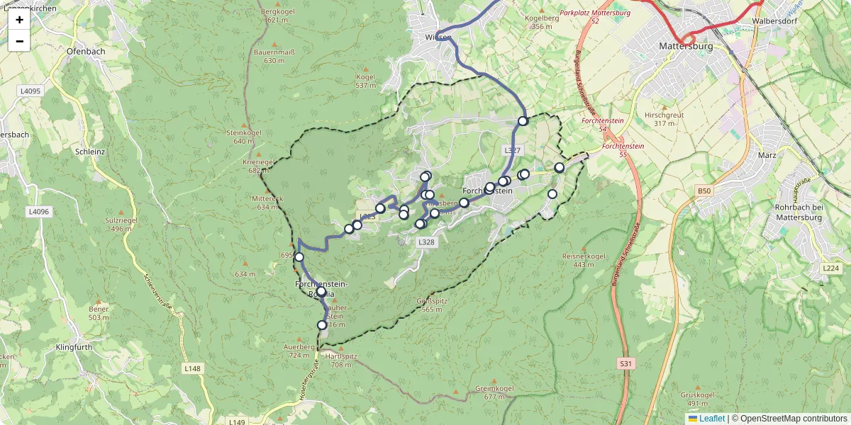 Nahverkehrsnetz in forchtenstein, Österreich - Buslinien, Haltestellen und Verbindungen auf der Karte