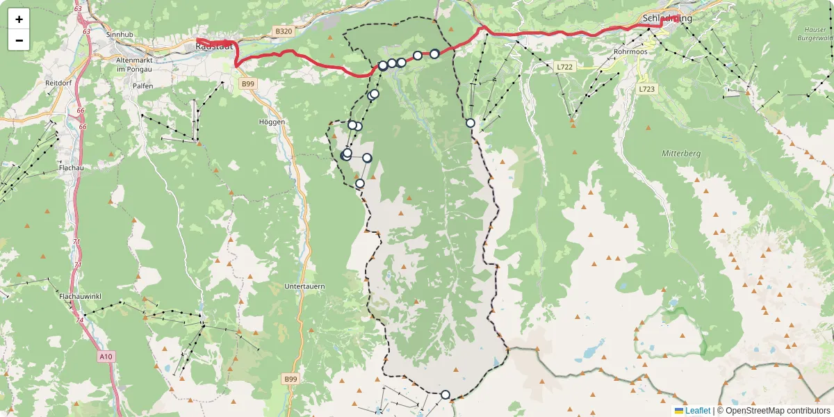 Nahverkehrsnetz in forstau, Österreich - Buslinien, Haltestellen und Verbindungen auf der Karte