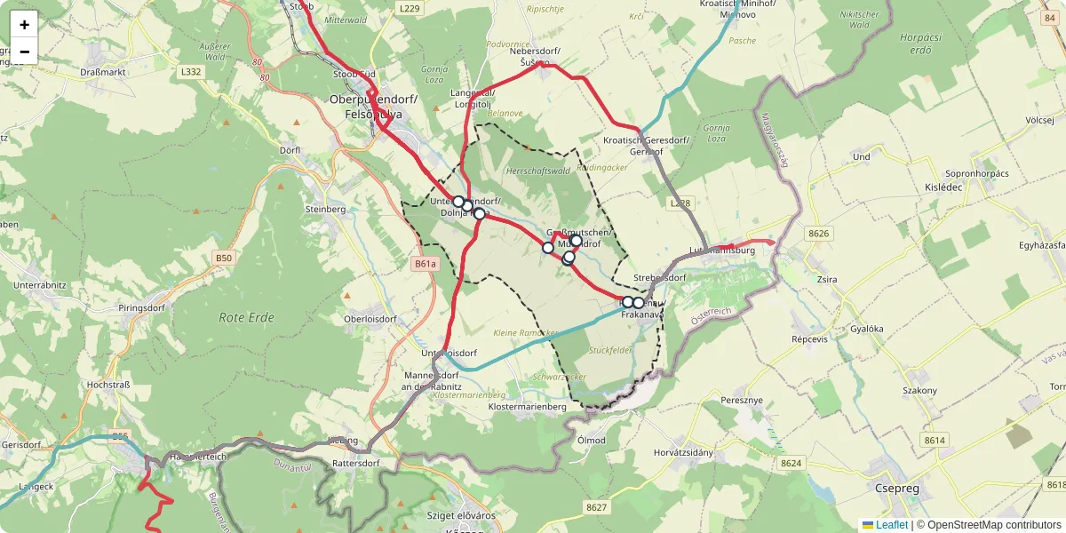 Nahverkehrsnetz in frankenau-unterpullendorffrakanava-dolnja-pulja, Österreich - Buslinien, Haltestellen und Verbindungen auf der Karte