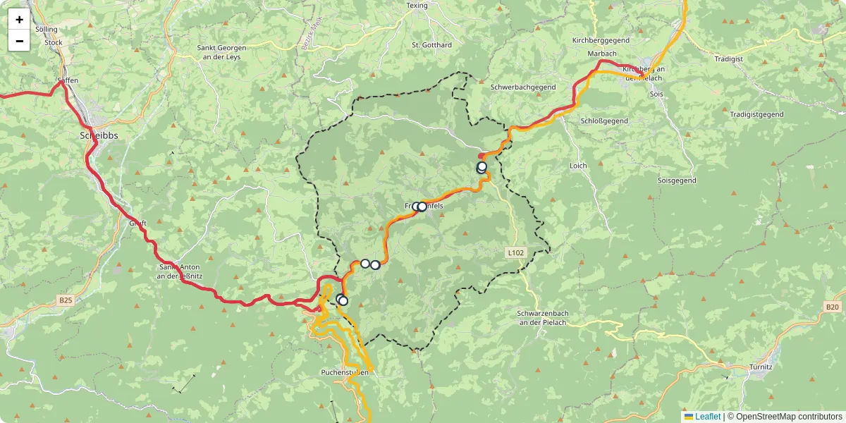 Nahverkehrsnetz in frankenfels, Österreich - Buslinien, Haltestellen und Verbindungen auf der Karte