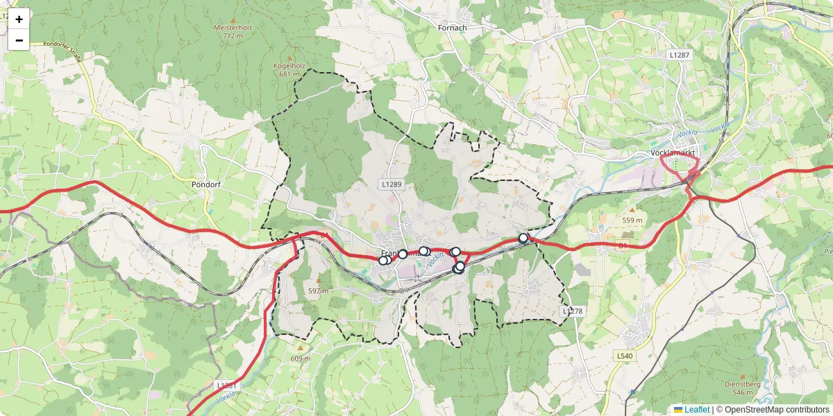 Nahverkehrsnetz in frankenmarkt, Österreich - Buslinien, Haltestellen und Verbindungen auf der Karte