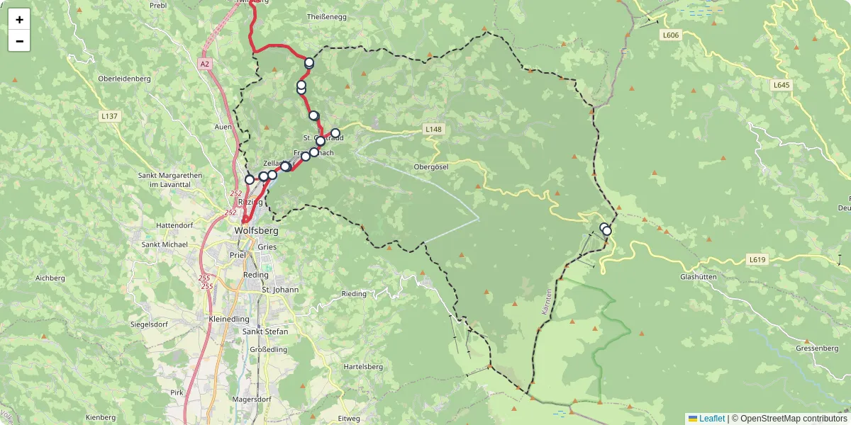 Nahverkehrsnetz in frantschach-sankt-gertraud, Österreich - Buslinien, Haltestellen und Verbindungen auf der Karte