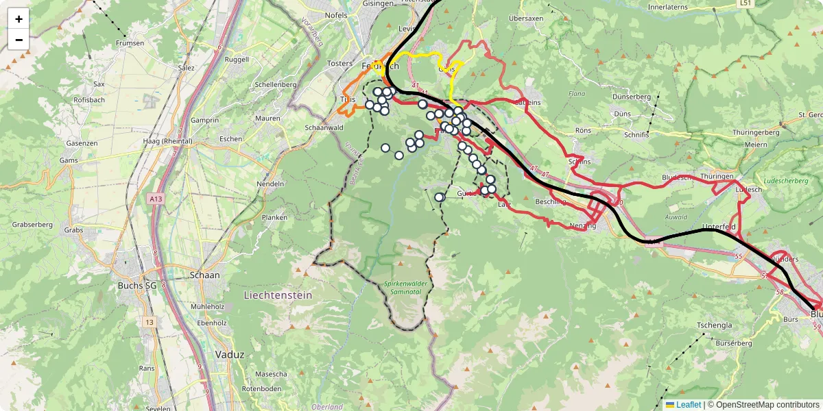 Nahverkehrsnetz in frastanz, Österreich - Buslinien, Haltestellen und Verbindungen auf der Karte