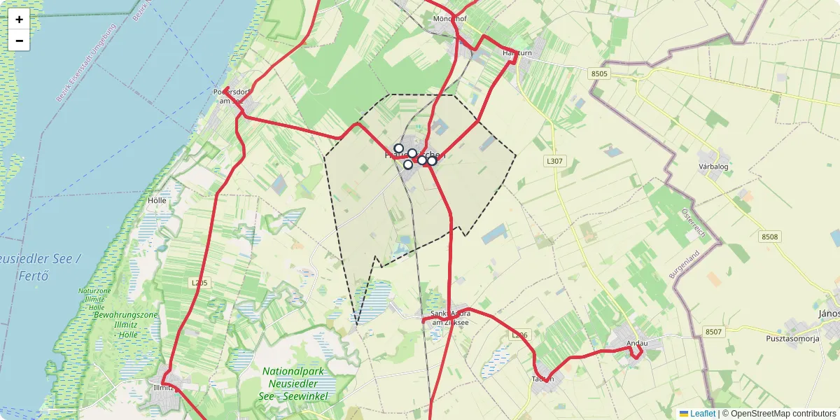 Nahverkehrsnetz in frauenkirchen, Österreich - Buslinien, Haltestellen und Verbindungen auf der Karte