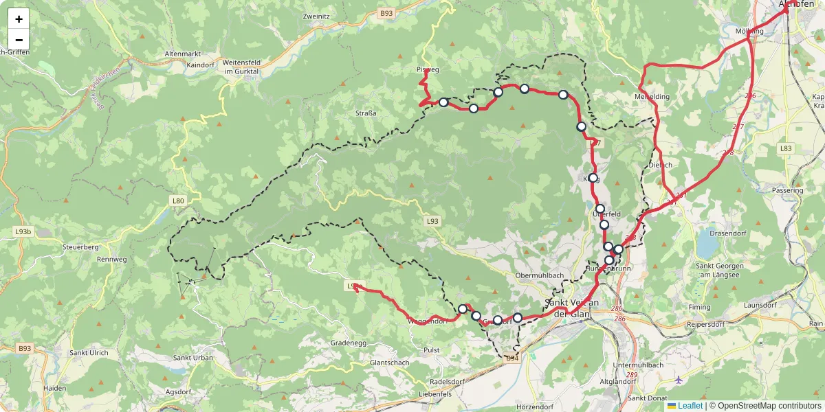 Nahverkehrsnetz in frauenstein, Österreich - Buslinien, Haltestellen und Verbindungen auf der Karte