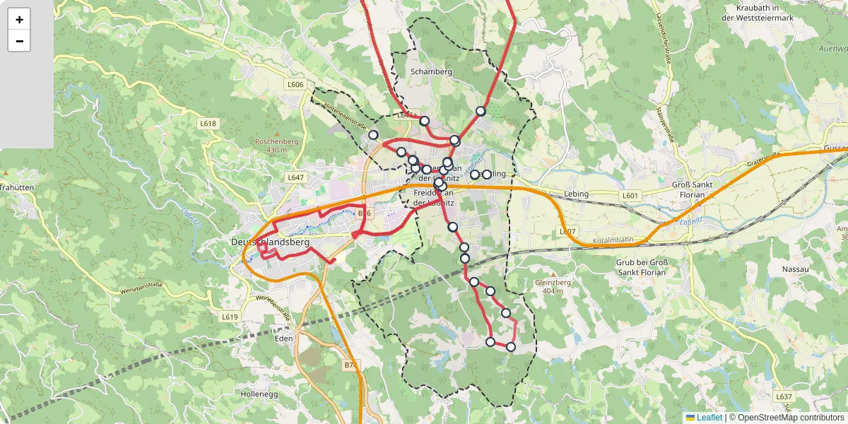 Nahverkehrsnetz in frauental-an-der-lanitz, Österreich - Buslinien, Haltestellen und Verbindungen auf der Karte