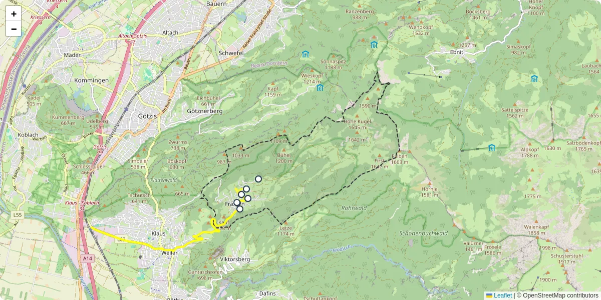 Nahverkehrsnetz in fraxern, Österreich - Buslinien, Haltestellen und Verbindungen auf der Karte