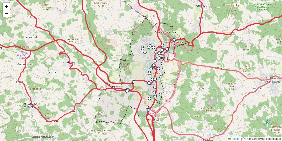 Nahverkehrsnetz in freistadt, Österreich - Buslinien, Haltestellen und Verbindungen auf der Karte