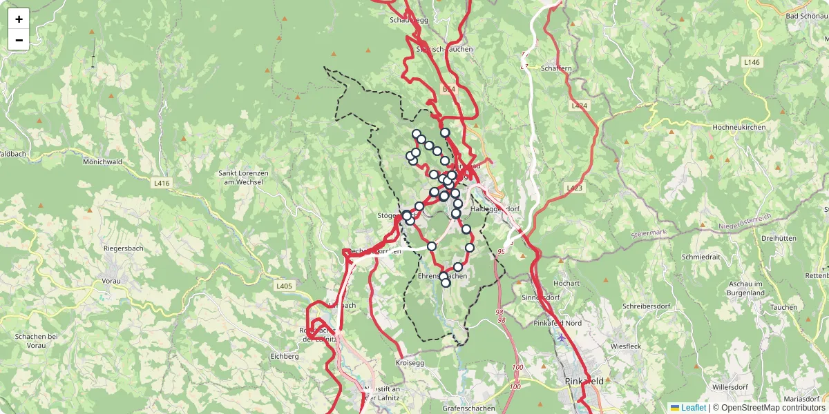 Nahverkehrsnetz in friedberg, Österreich - Buslinien, Haltestellen und Verbindungen auf der Karte