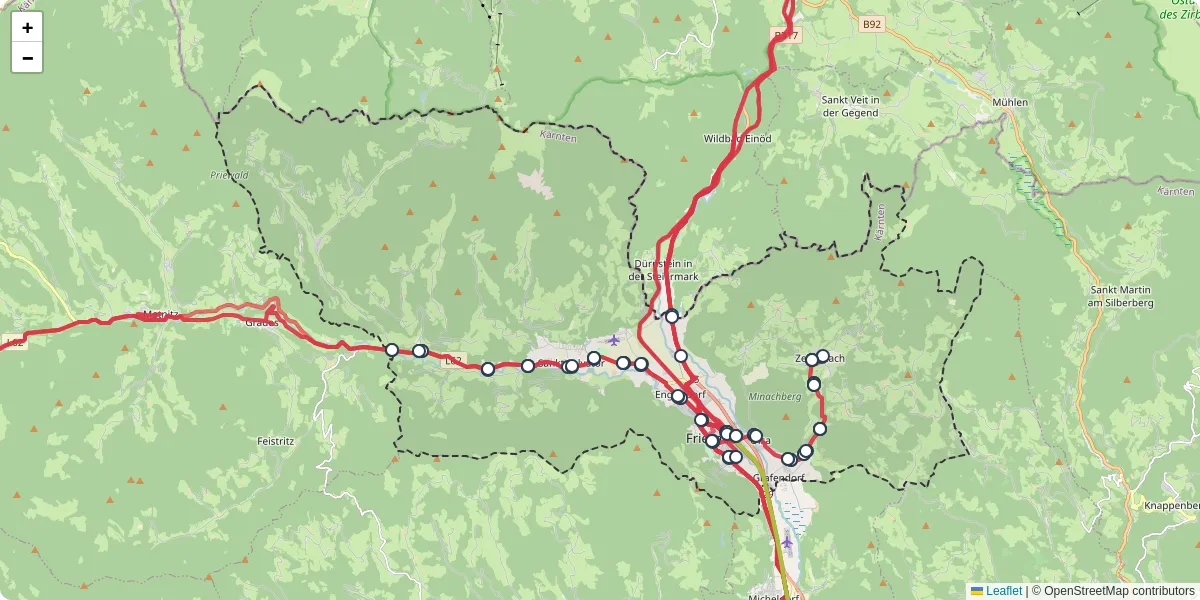 Nahverkehrsnetz in friesach, Österreich - Buslinien, Haltestellen und Verbindungen auf der Karte