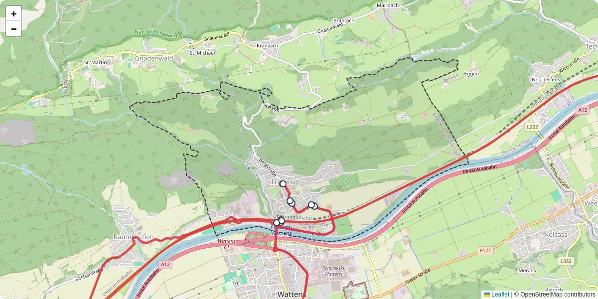 Nahverkehrsnetz in fritzens, Österreich - Buslinien, Haltestellen und Verbindungen auf der Karte
