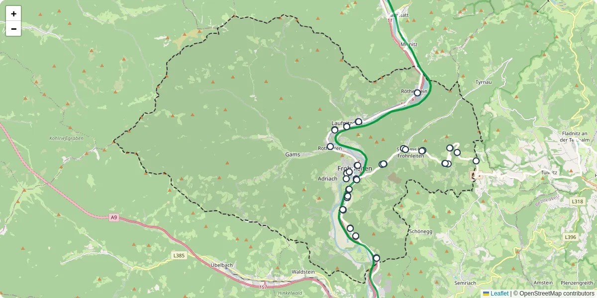 Nahverkehrsnetz in frohnleiten, Österreich - Buslinien, Haltestellen und Verbindungen auf der Karte
