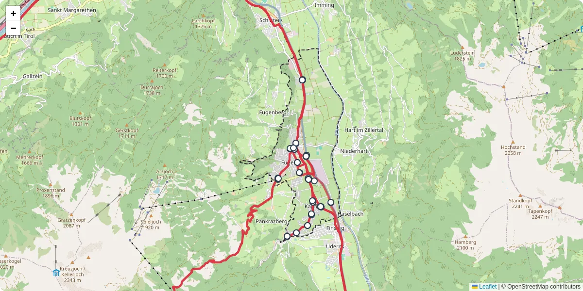 Nahverkehrsnetz in fugen, Österreich - Buslinien, Haltestellen und Verbindungen auf der Karte
