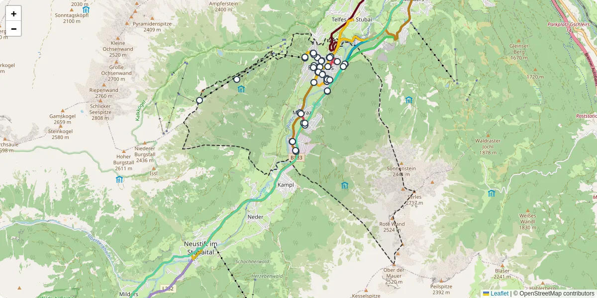 Nahverkehrsnetz in fulpmes, Österreich - Buslinien, Haltestellen und Verbindungen auf der Karte