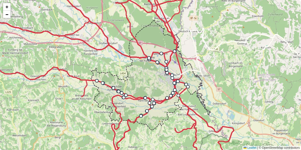 Nahverkehrsnetz in furstenfeld, Österreich - Buslinien, Haltestellen und Verbindungen auf der Karte