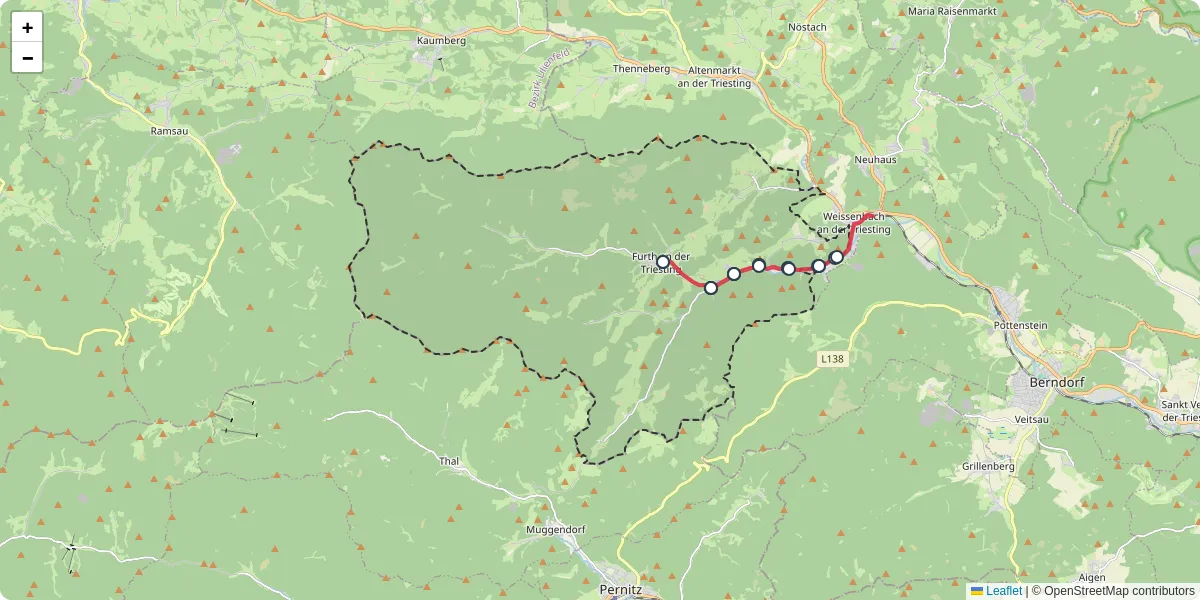 Nahverkehrsnetz in furth-an-der-triesting, Österreich - Buslinien, Haltestellen und Verbindungen auf der Karte
