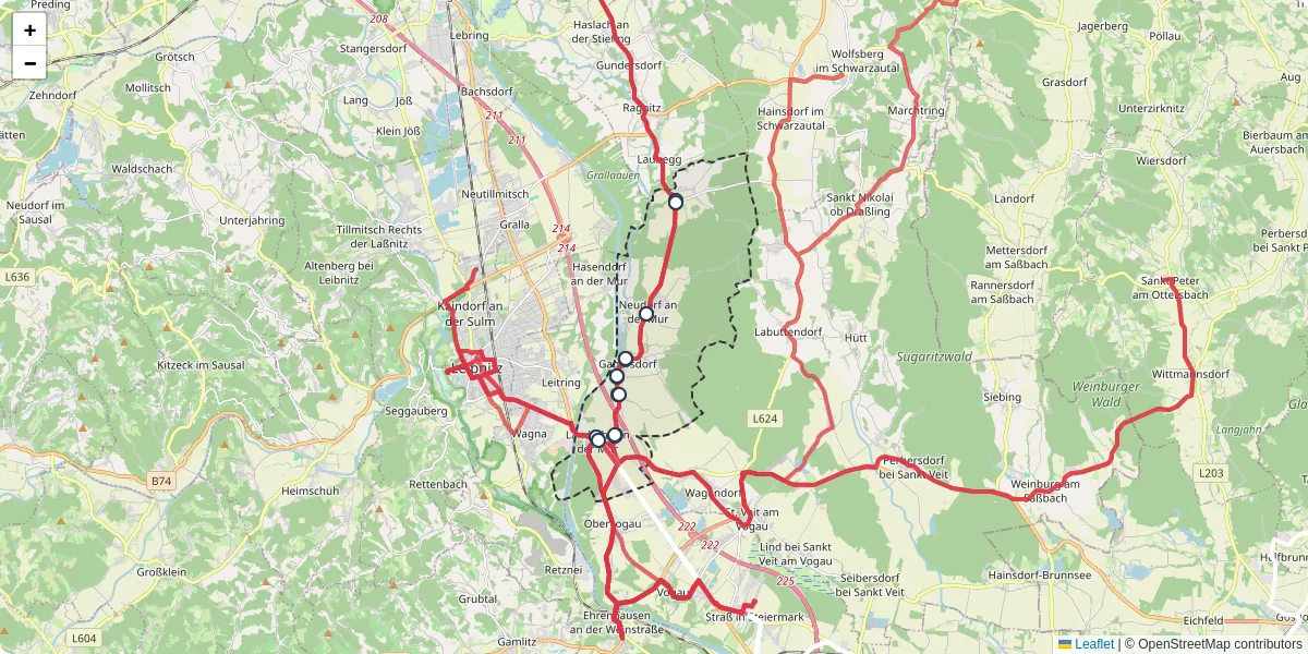 Nahverkehrsnetz in gabersdorf, Österreich - Buslinien, Haltestellen und Verbindungen auf der Karte