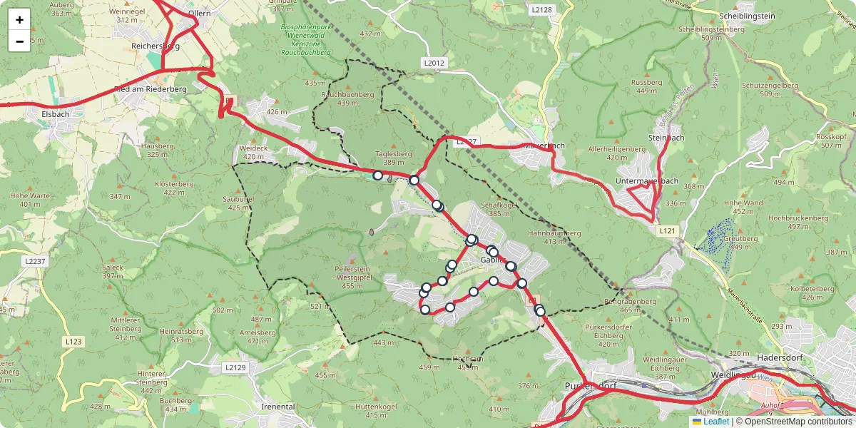 Nahverkehrsnetz in gablitz, Österreich - Buslinien, Haltestellen und Verbindungen auf der Karte