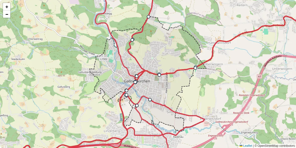 Nahverkehrsnetz in gallneukirchen, Österreich - Buslinien, Haltestellen und Verbindungen auf der Karte