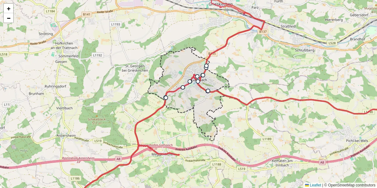 Nahverkehrsnetz in gallspach, Österreich - Buslinien, Haltestellen und Verbindungen auf der Karte