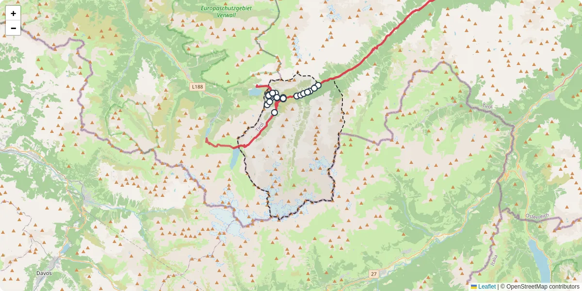 Nahverkehrsnetz in galtur, Österreich - Buslinien, Haltestellen und Verbindungen auf der Karte