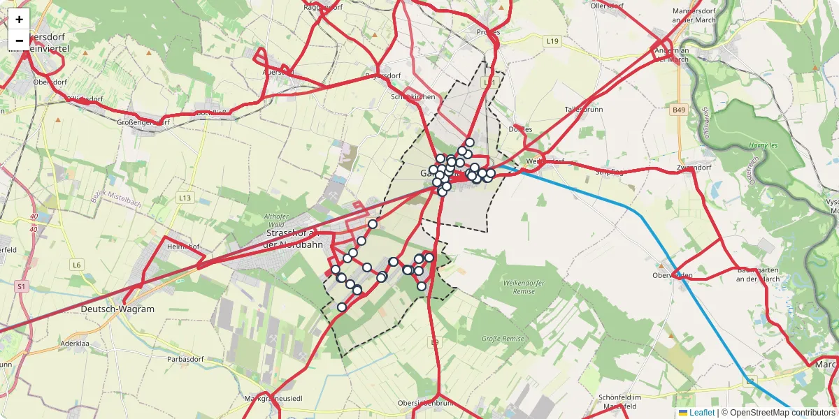 Nahverkehrsnetz in ganserndorf, Österreich - Buslinien, Haltestellen und Verbindungen auf der Karte