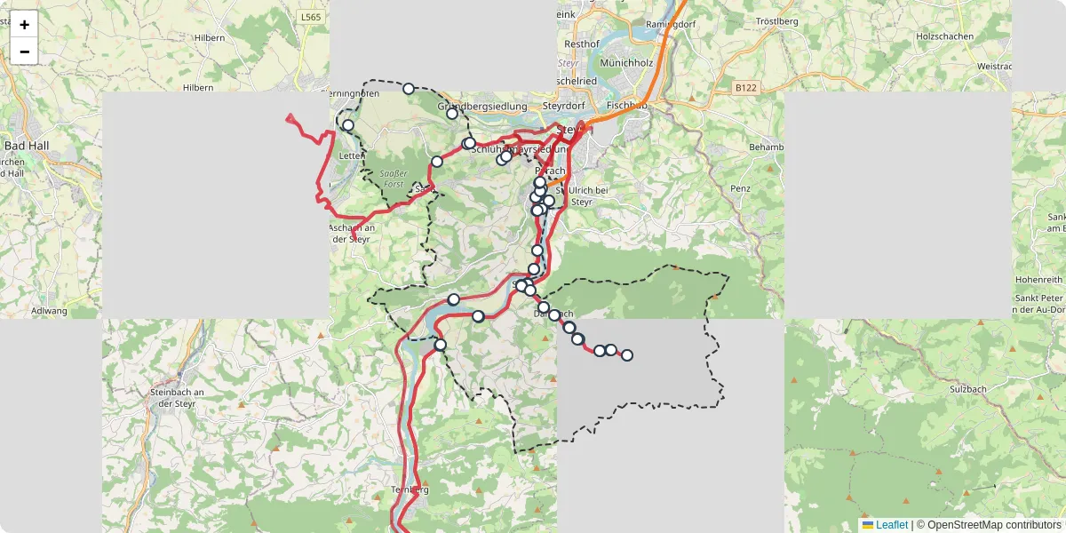 Nahverkehrsnetz in garsten, Österreich - Buslinien, Haltestellen und Verbindungen auf der Karte