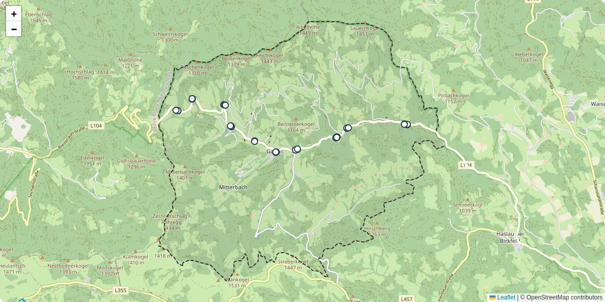 Nahverkehrsnetz in gasen, Österreich - Buslinien, Haltestellen und Verbindungen auf der Karte
