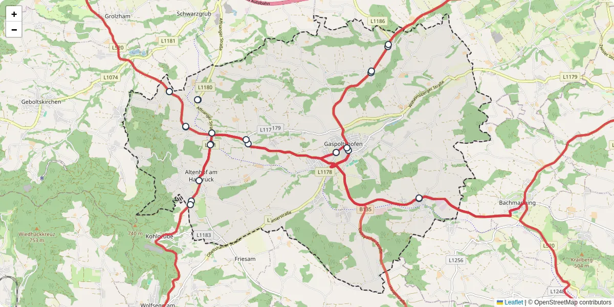 Nahverkehrsnetz in gaspoltshofen, Österreich - Buslinien, Haltestellen und Verbindungen auf der Karte