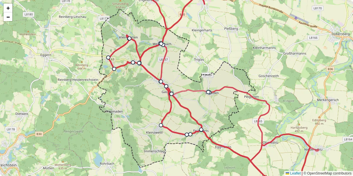 Nahverkehrsnetz in gastern, Österreich - Buslinien, Haltestellen und Verbindungen auf der Karte
