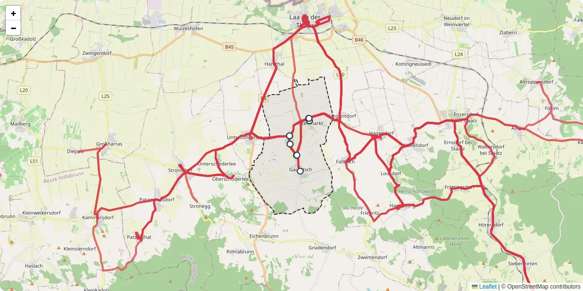 Nahverkehrsnetz in gaubitsch, Österreich - Buslinien, Haltestellen und Verbindungen auf der Karte