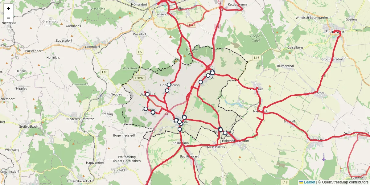 Nahverkehrsnetz in gaweinstal, Österreich - Buslinien, Haltestellen und Verbindungen auf der Karte