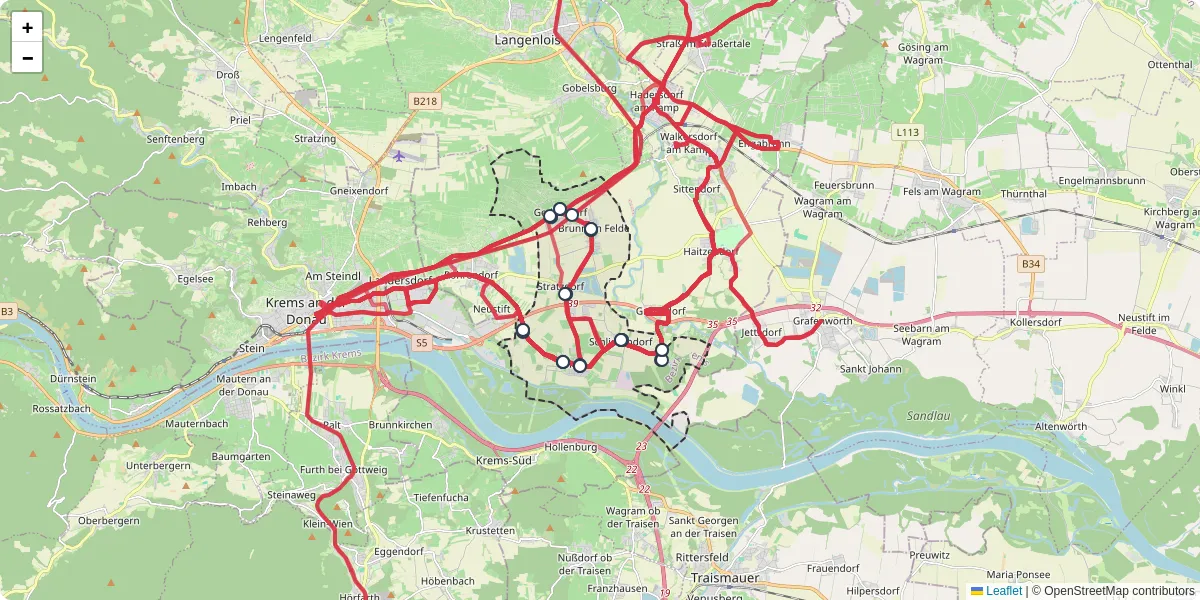 Nahverkehrsnetz in gedersdorf, Österreich - Buslinien, Haltestellen und Verbindungen auf der Karte