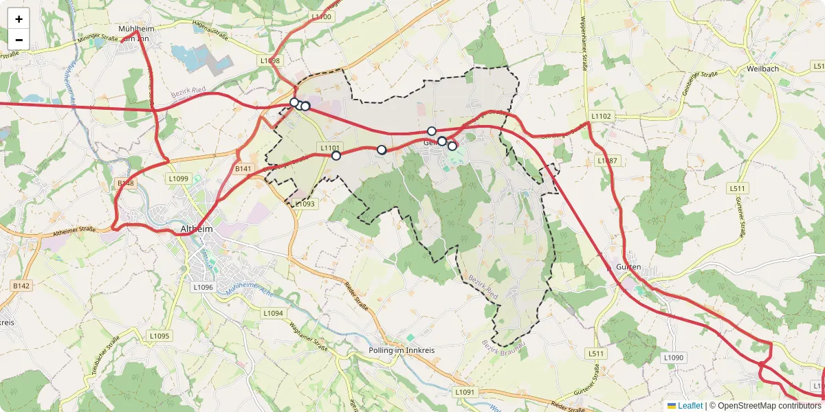 Nahverkehrsnetz in geinberg, Österreich - Buslinien, Haltestellen und Verbindungen auf der Karte