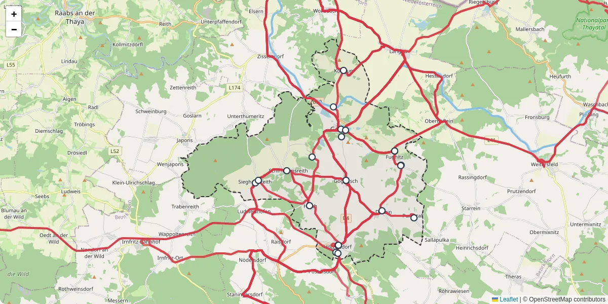 Nahverkehrsnetz in geras, Österreich - Buslinien, Haltestellen und Verbindungen auf der Karte
