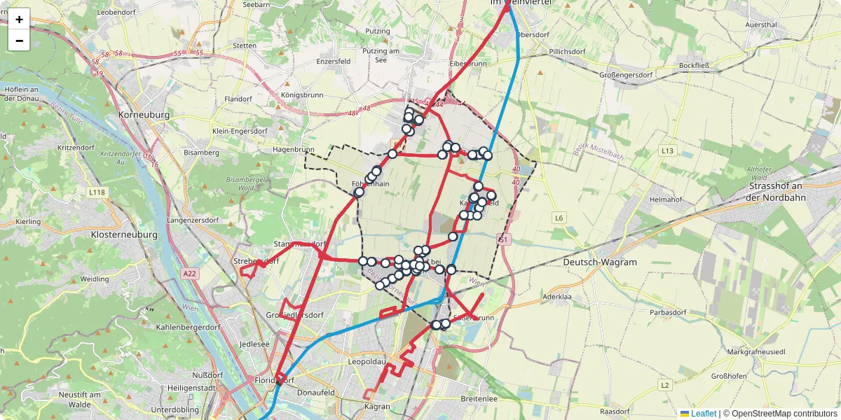 Nahverkehrsnetz in gerasdorf-bei-wien, Österreich - Buslinien, Haltestellen und Verbindungen auf der Karte