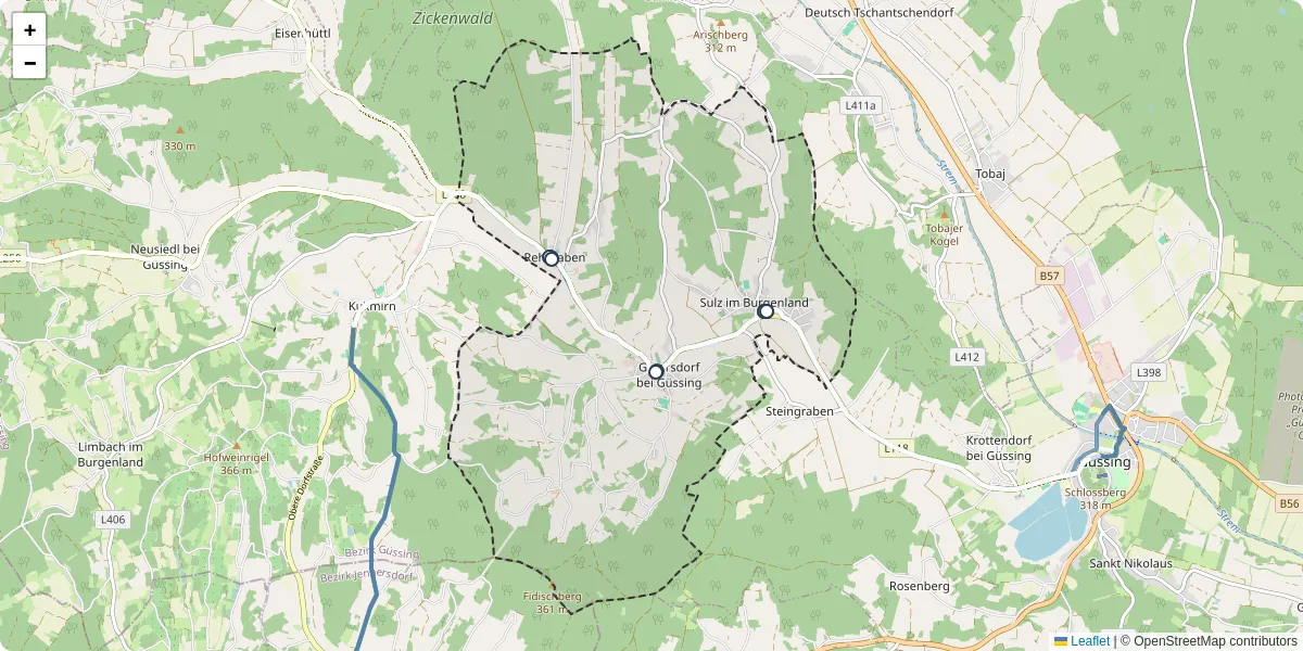 Nahverkehrsnetz in gerersdorf-sulz, Österreich - Buslinien, Haltestellen und Verbindungen auf der Karte