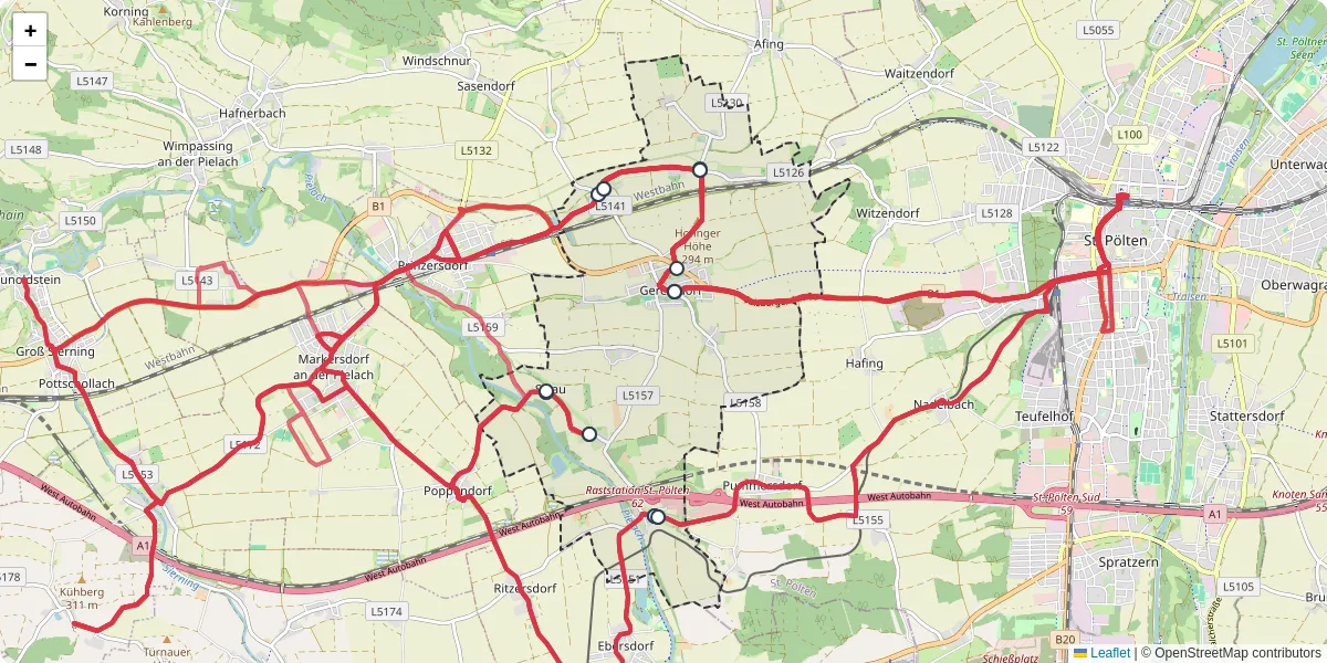 Nahverkehrsnetz in gerersdorf, Österreich - Buslinien, Haltestellen und Verbindungen auf der Karte