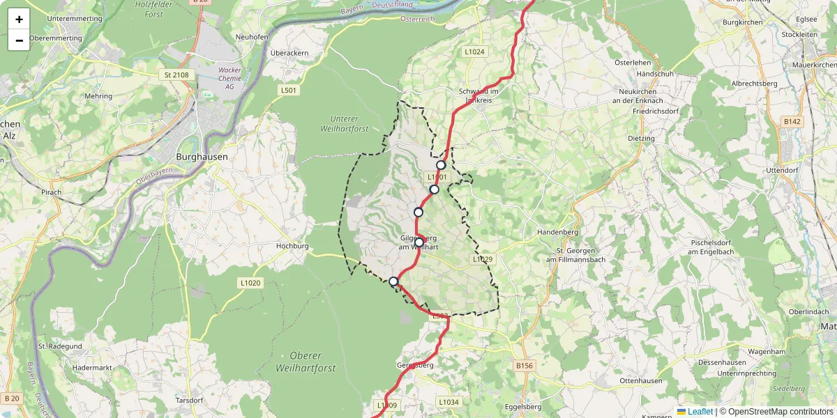 Nahverkehrsnetz in gilgenberg-am-weilhart, Österreich - Buslinien, Haltestellen und Verbindungen auf der Karte