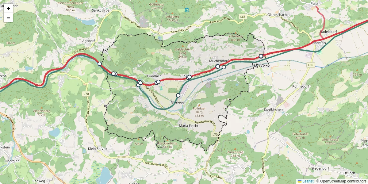 Nahverkehrsnetz in glanegg, Österreich - Buslinien, Haltestellen und Verbindungen auf der Karte