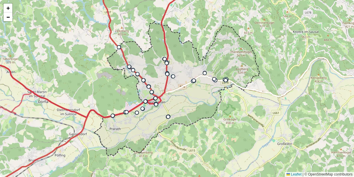 Nahverkehrsnetz in gleinstatten, Österreich - Buslinien, Haltestellen und Verbindungen auf der Karte