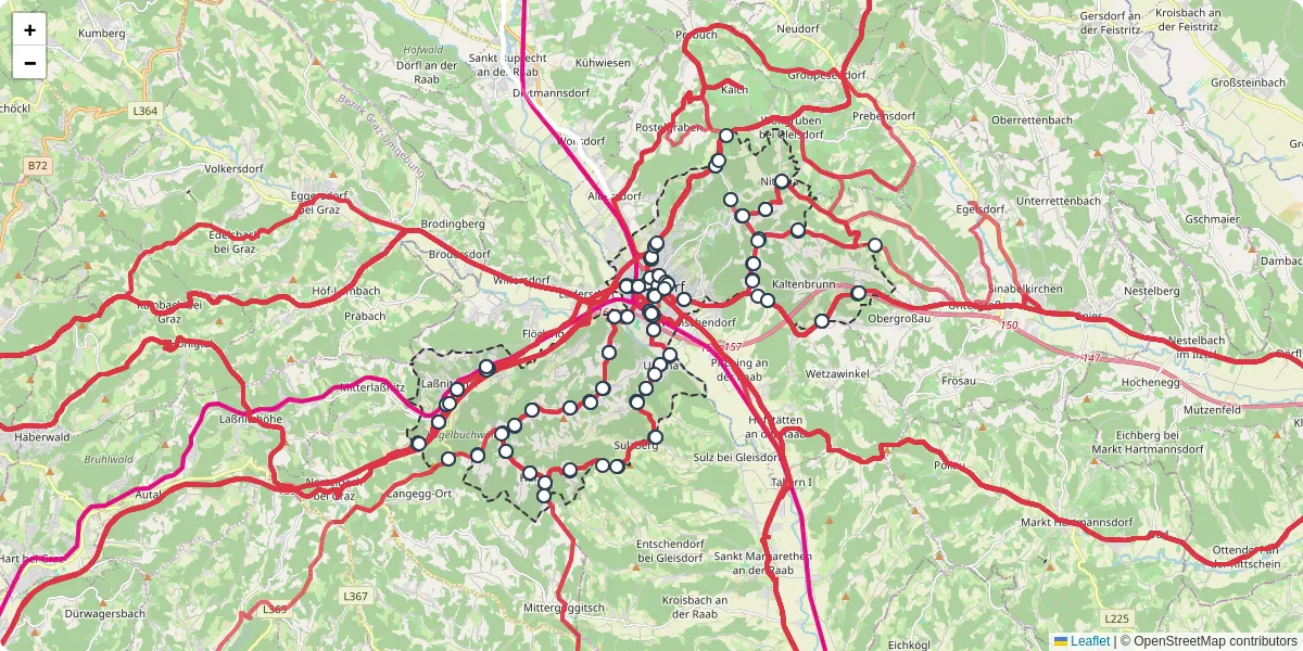 Nahverkehrsnetz in gleisdorf, Österreich - Buslinien, Haltestellen und Verbindungen auf der Karte