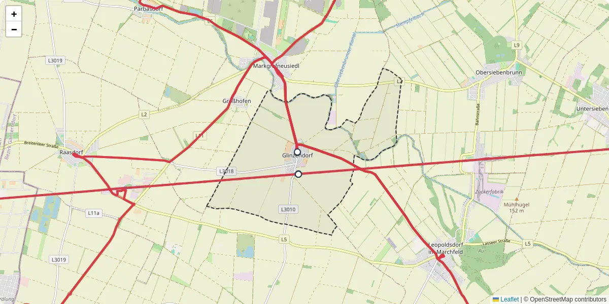 Nahverkehrsnetz in glinzendorf, Österreich - Buslinien, Haltestellen und Verbindungen auf der Karte