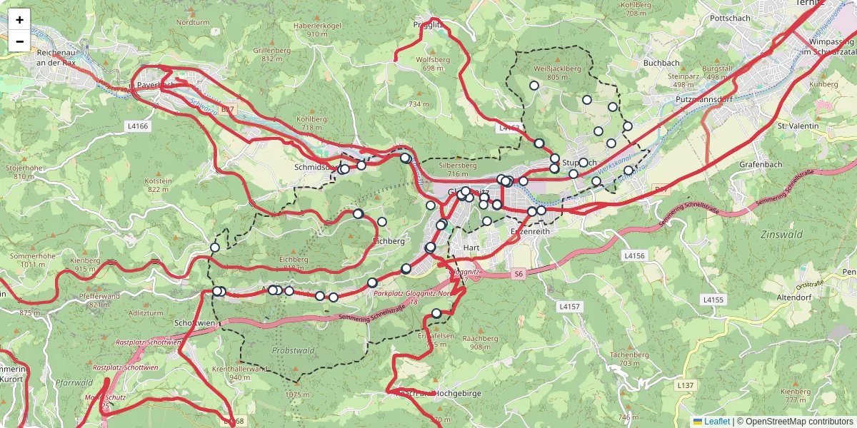 Nahverkehrsnetz in gloggnitz, Österreich - Buslinien, Haltestellen und Verbindungen auf der Karte