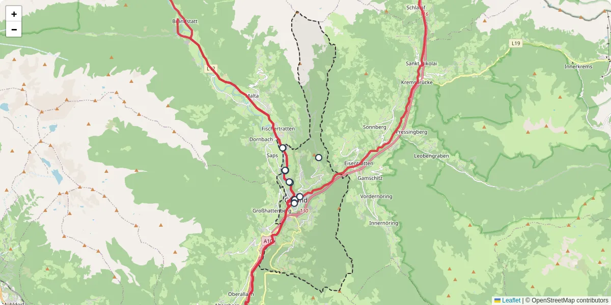 Nahverkehrsnetz in gmund-in-karnten, Österreich - Buslinien, Haltestellen und Verbindungen auf der Karte