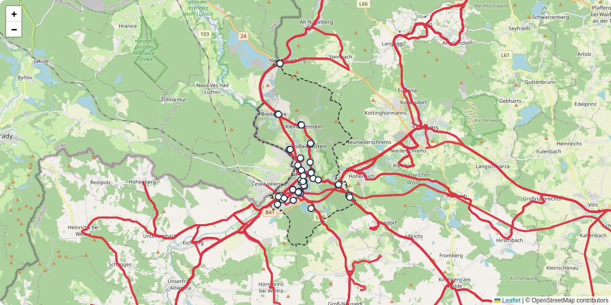 Nahverkehrsnetz in gmund, Österreich - Buslinien, Haltestellen und Verbindungen auf der Karte