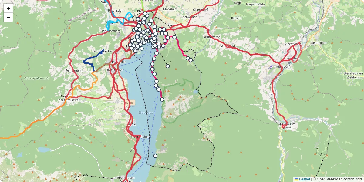 Nahverkehrsnetz in gmunden, Österreich - Buslinien, Haltestellen und Verbindungen auf der Karte