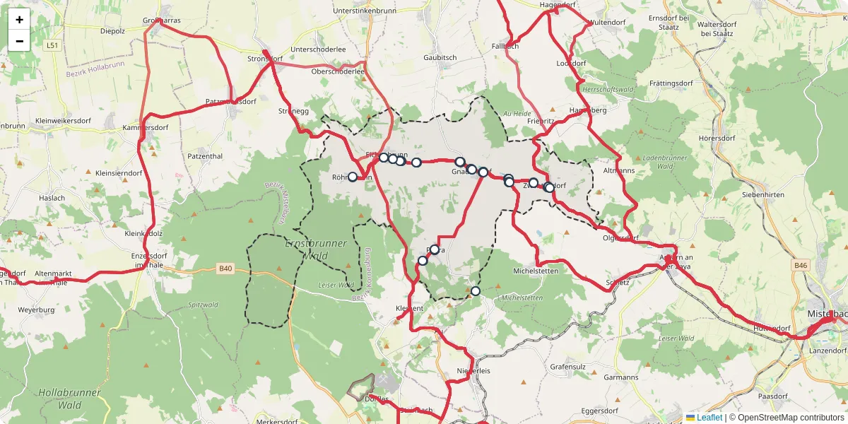 Nahverkehrsnetz in gnadendorf, Österreich - Buslinien, Haltestellen und Verbindungen auf der Karte