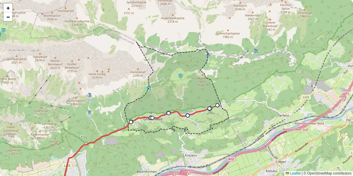 Nahverkehrsnetz in gnadenwald, Österreich - Buslinien, Haltestellen und Verbindungen auf der Karte